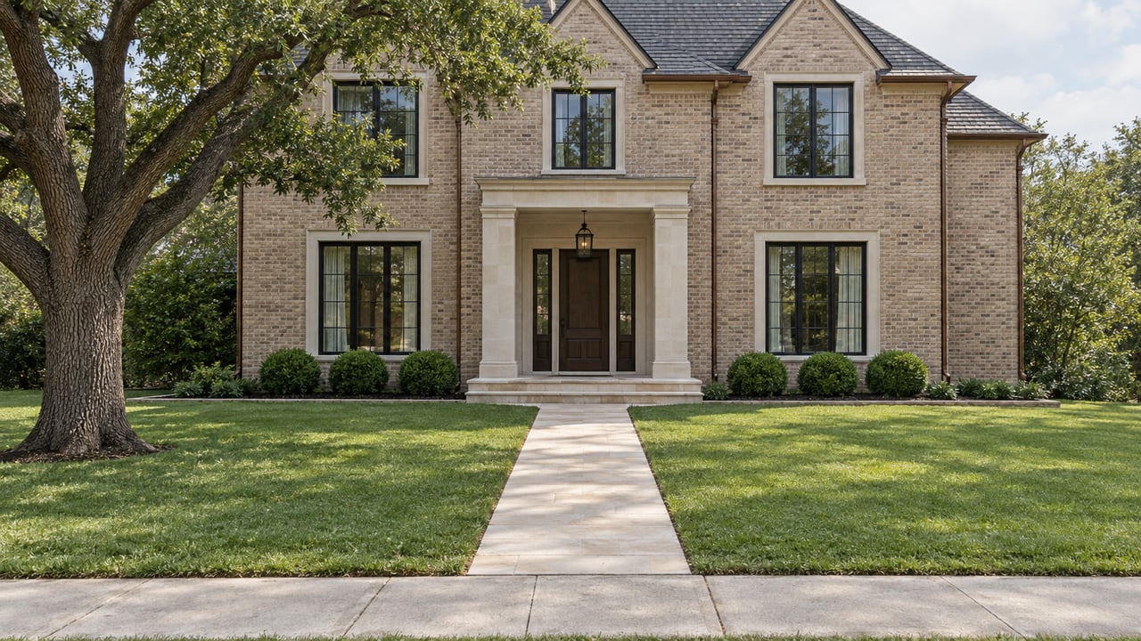 A mature live oak shades a deep lawn and limestone approach to a balanced brick home with dark windows and steep gables.