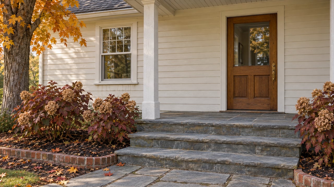 An ivory clapboard home with a glazed oak front door, bluestone porch steps, and burgundy oakleaf hydrangeas beneath amber maple foliage.