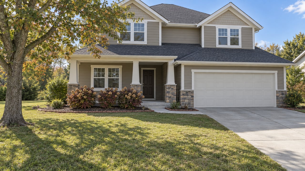 Taupe gabled home with a covered stone-base porch, broad autumn lawn, concrete driveway and a mature white oak.