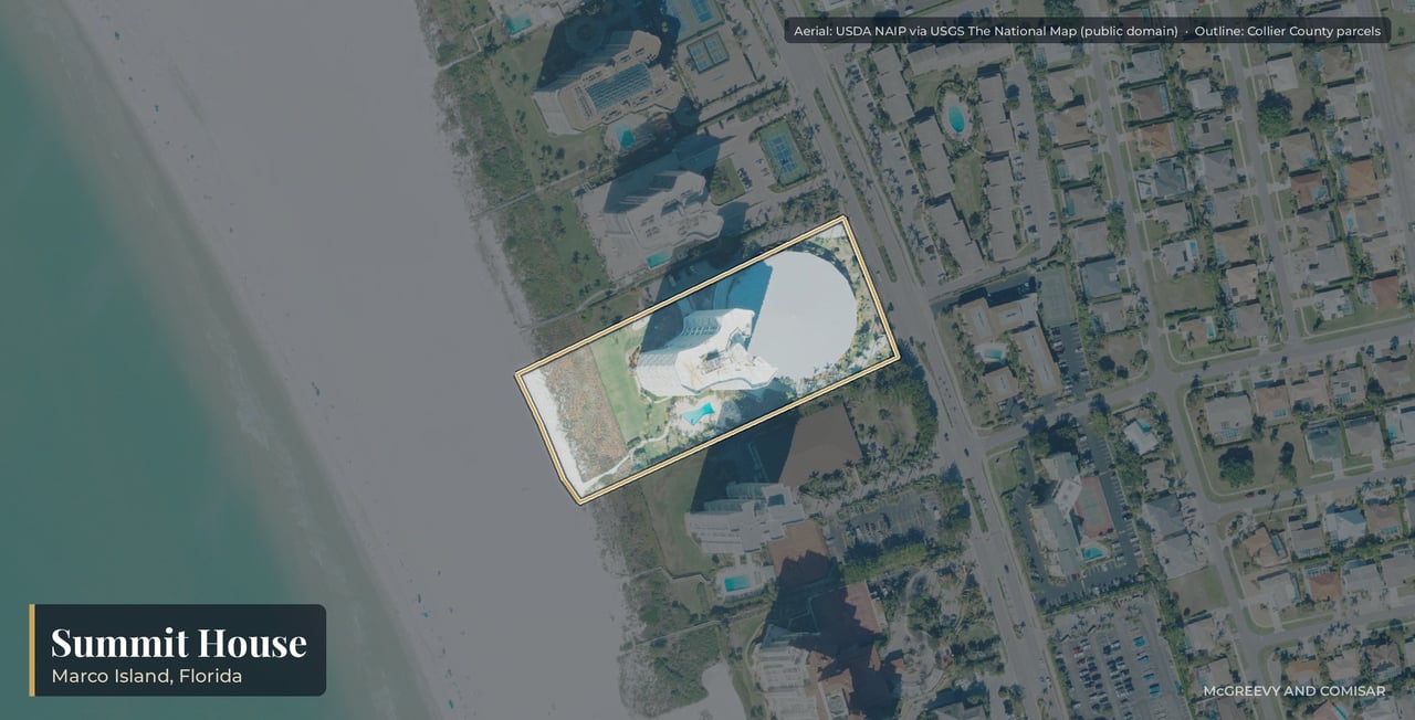 Aerial view of Summit House on Marco Island, Florida, the 22-story beachfront tower at 280 South Collier Boulevard on the central Gulf beach