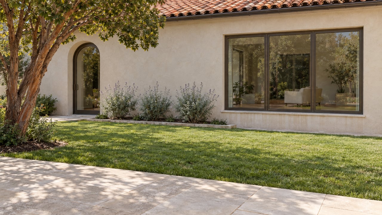 Light stucco home with clay roof tiles, bronze-framed glazing, a sunlit lawn and limestone terrace beside a strawberry tree.