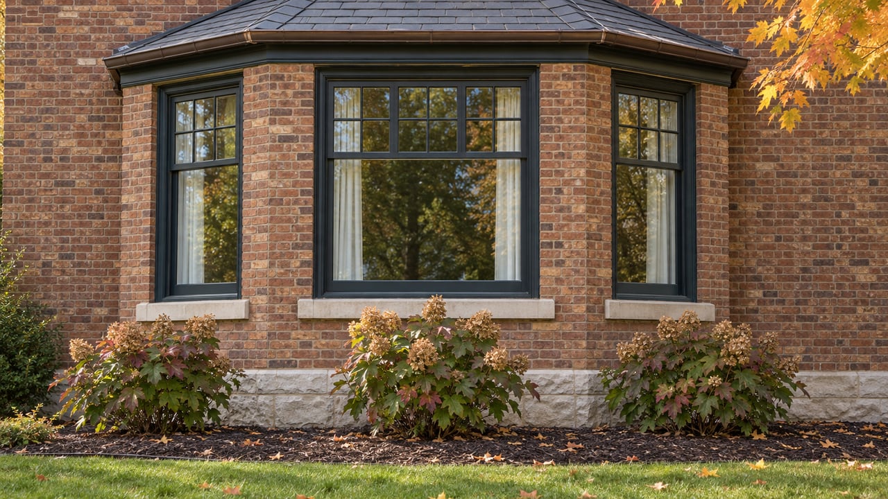 Sunlit brick window bay with divided windows, weathered limestone sills and oakleaf hydrangeas in autumn color.