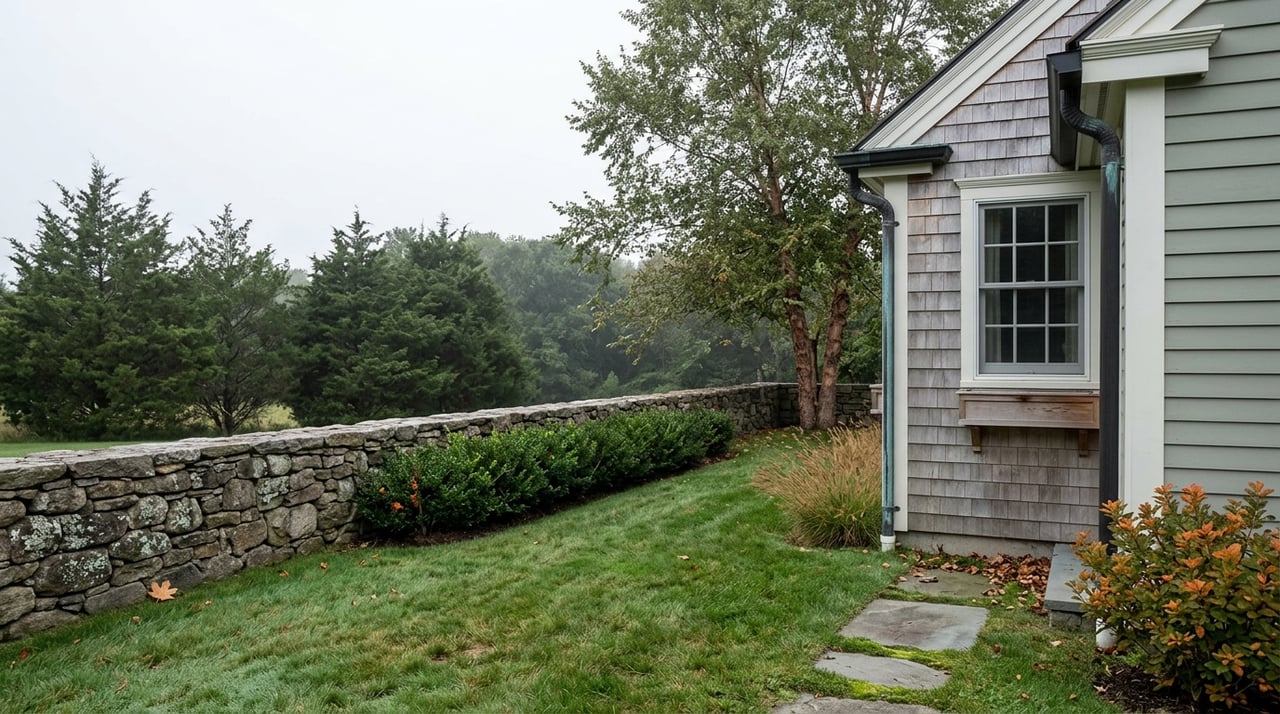 Traditional home beside a deep lawn, with bluestone stepping pads leading to a dry-stacked fieldstone wall.