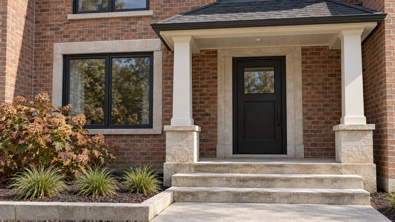 Red brick home entrance with a black door, stone steps, and white porch columns.