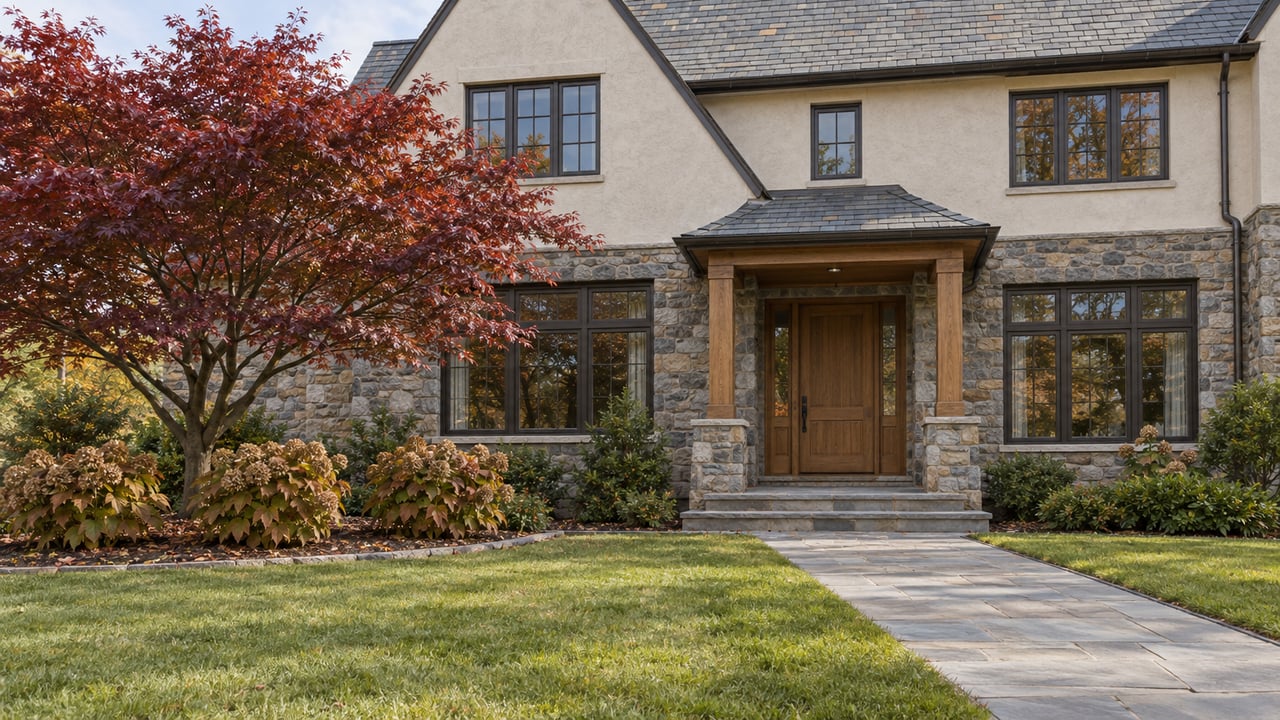 Stone-and-stucco home with a slate gable, oak entry porch and bluestone approach beside a burgundy Japanese maple.