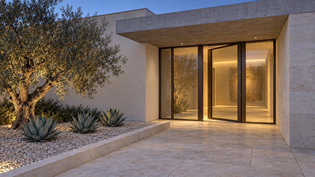 Modern home entrance with bronze-framed glass doors, limestone pavers, and an olive tree with agaves.