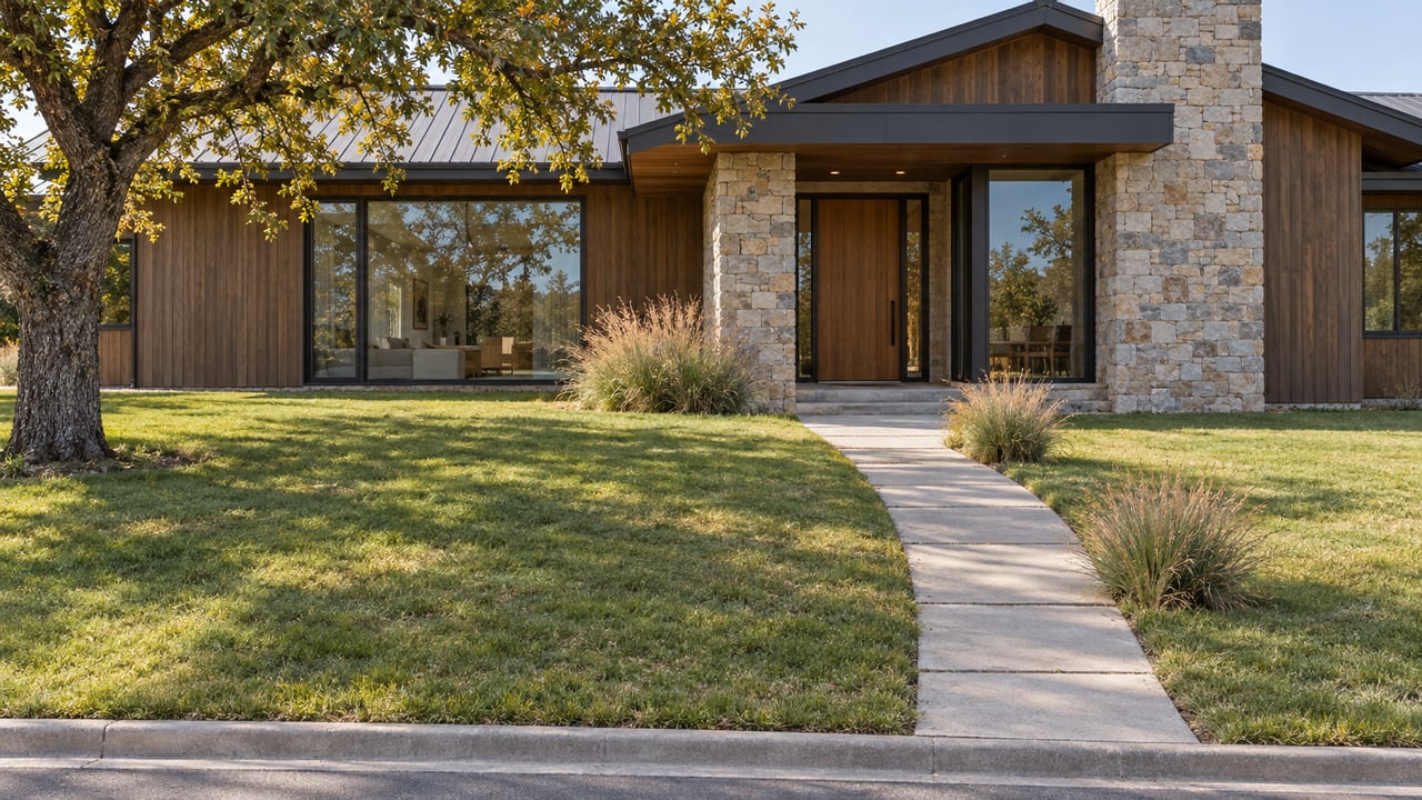 Detached stone-and-timber home behind a broad lawn, with an offset walk and mature oak tree.