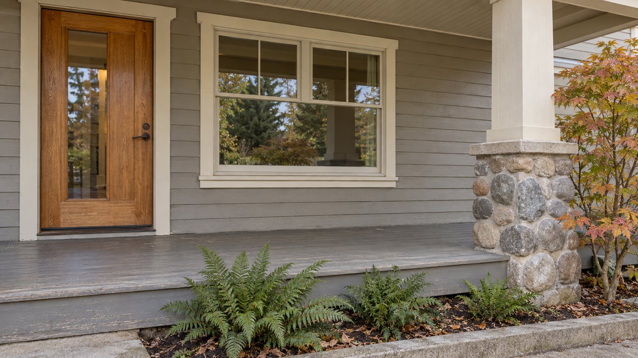 Close view of a covered porch with gray lap siding, a fir entry door, cream-trimmed window, stone-based post and autumn vine maple.