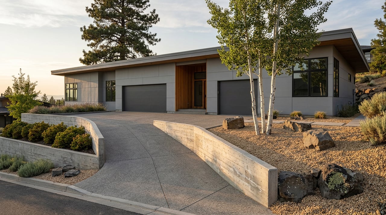 Contemporary gray hillside home with cedar entry, terraced concrete walls, curved driveway, boulders, and aspen trees.