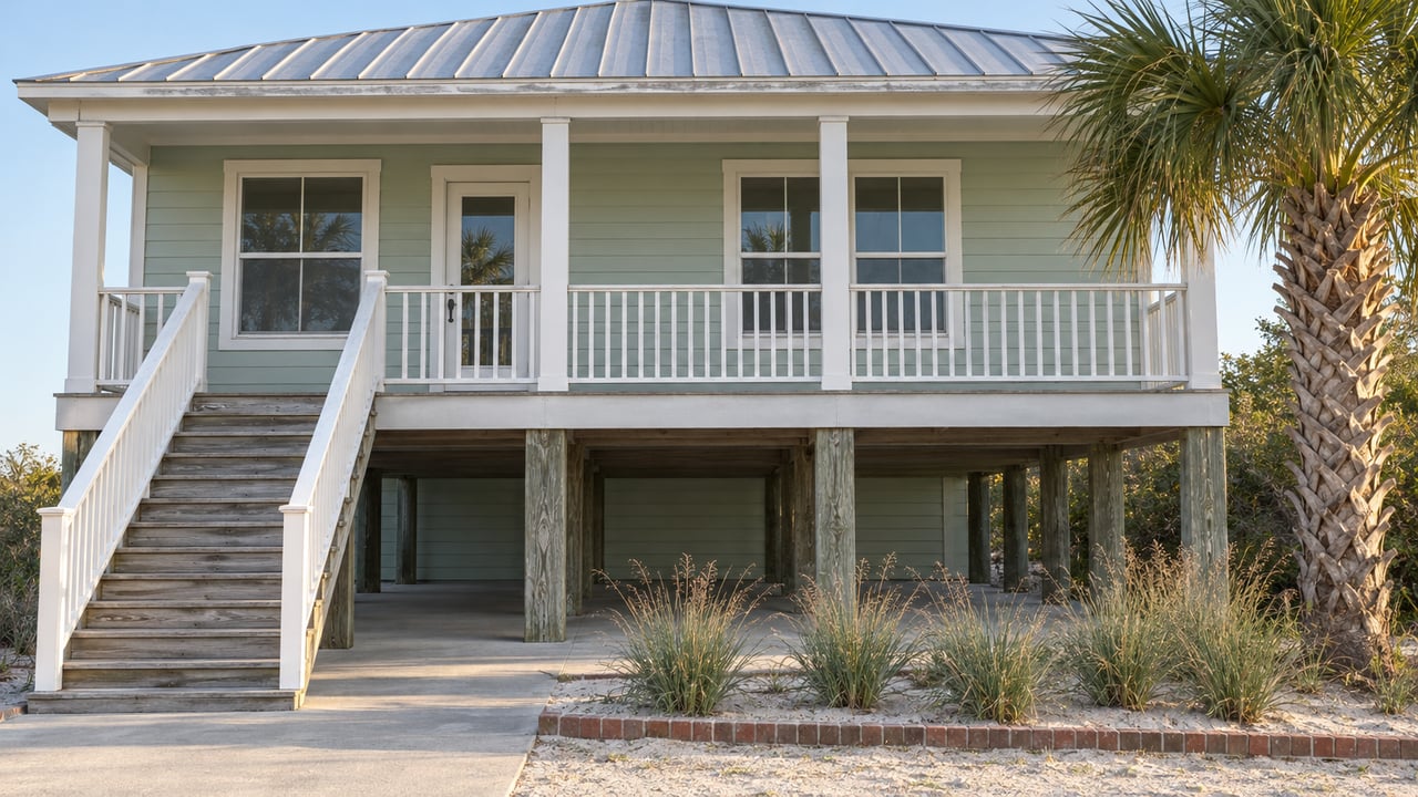 Raised pale green clapboard home with a covered porch, weathered wooden entry stairs and salt-tolerant planting in warm afternoon light.