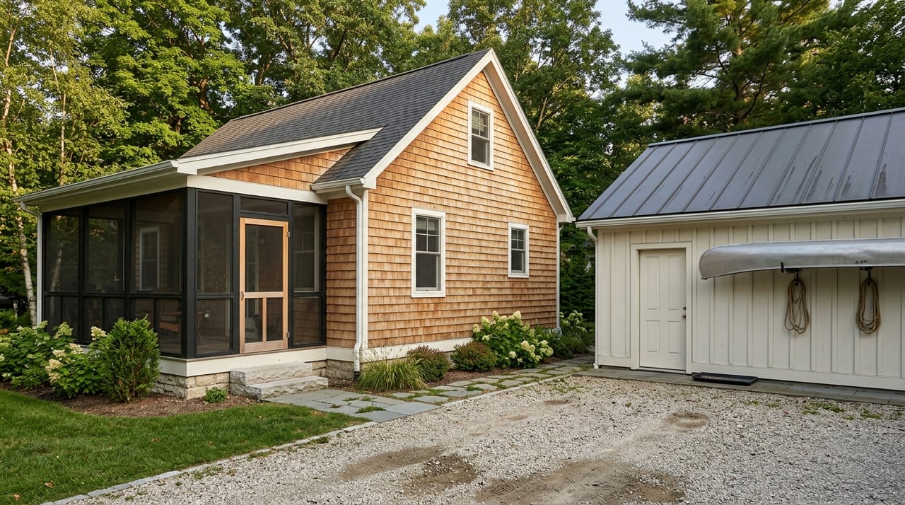 Outbuilding outside a lakeside cottage.