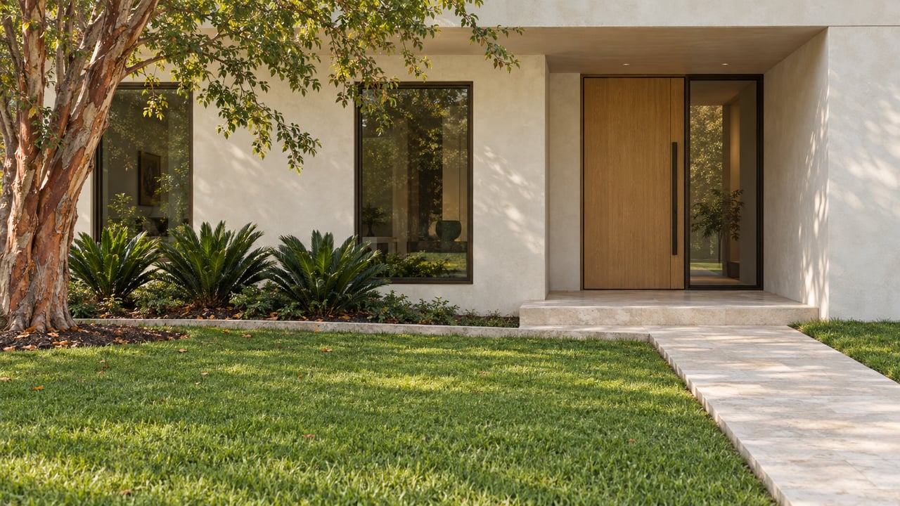 Contemporary stucco home with recessed oak entry, limestone path, deep lawn, and copper-barked tree.
