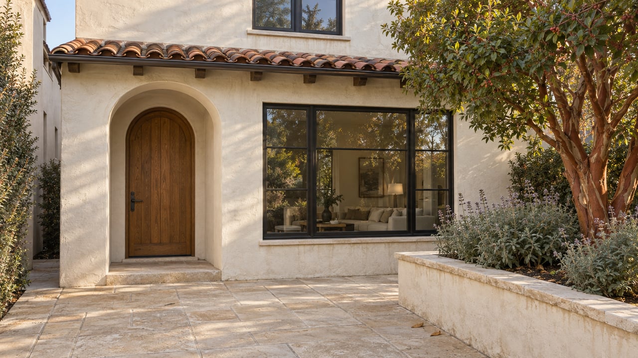 Warm afternoon light across a white stucco home's arched oak entry, limestone courtyard and raised specimen-tree planter.