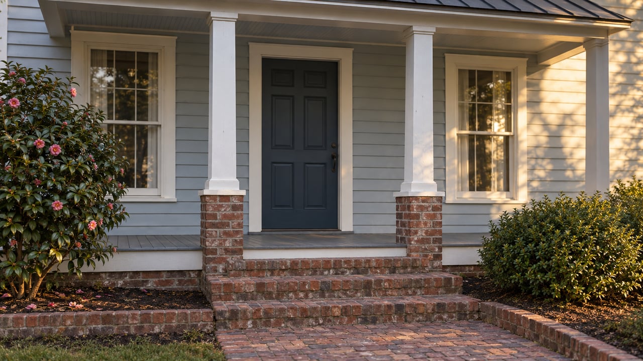 Pale blue-gray town house porch with a slate-blue door, sash windows, brick steps, and camellias.
