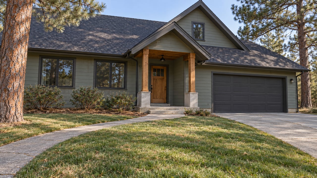 A sage-sided detached home with a steep roof, timber porch and attached garage behind a deep lawn bordered by two mature pines.