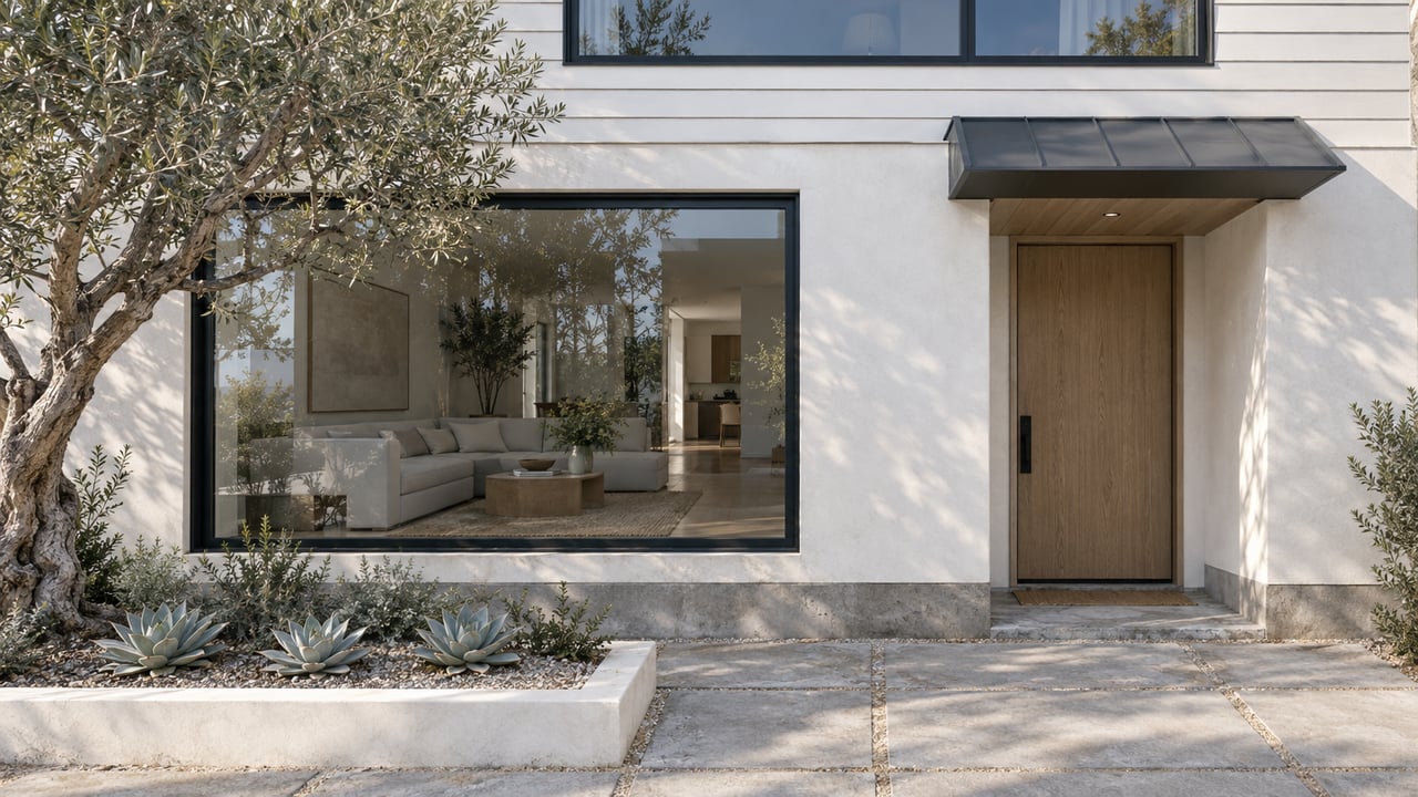 White coastal house with black-framed windows, pale oak entry door, and olive tree beside the paver path.