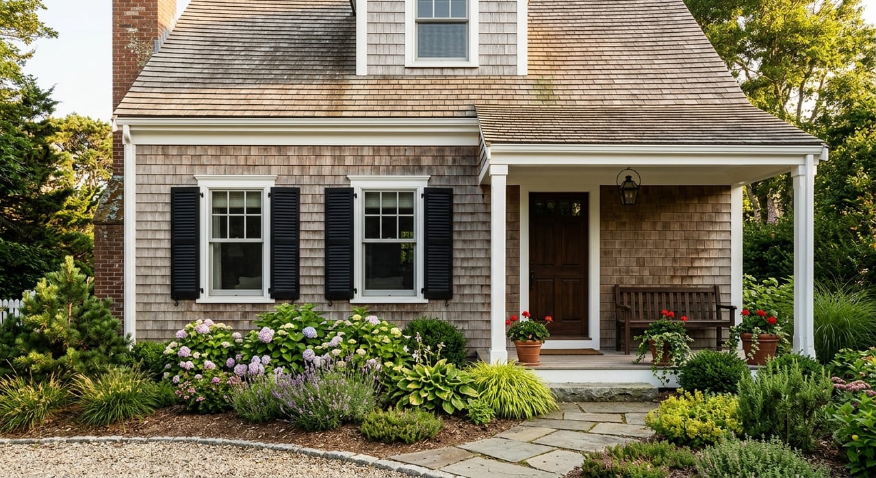 Shingled cottage entry with a divided-light door, flanking windows, brick chimney, and hydrangeas.