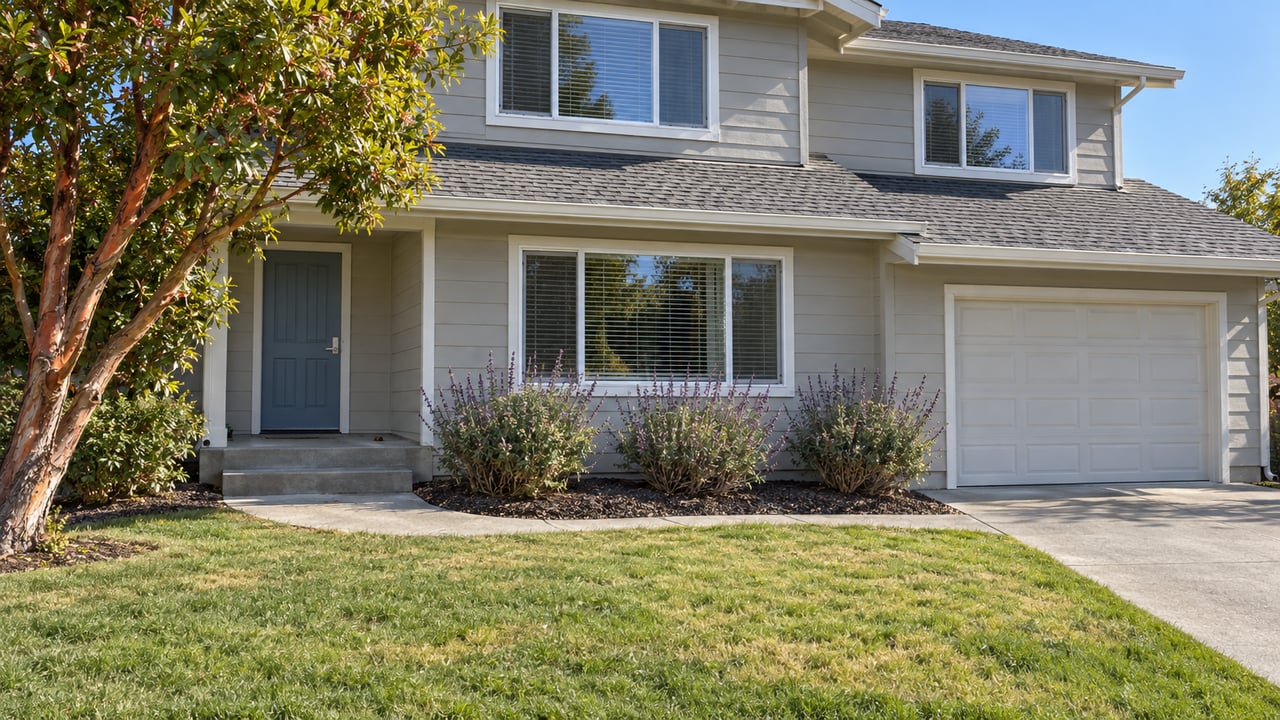Gray-sided two-story home with a recessed blue front door, attached garage, deep front lawn and curved concrete walk in morning sunlight.