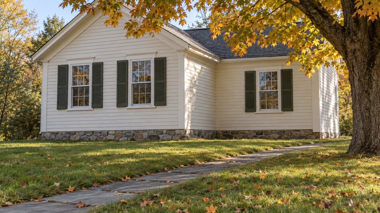 Ivory clapboard house with olive shutters, a bluestone path, and amber maple leaves overhead.