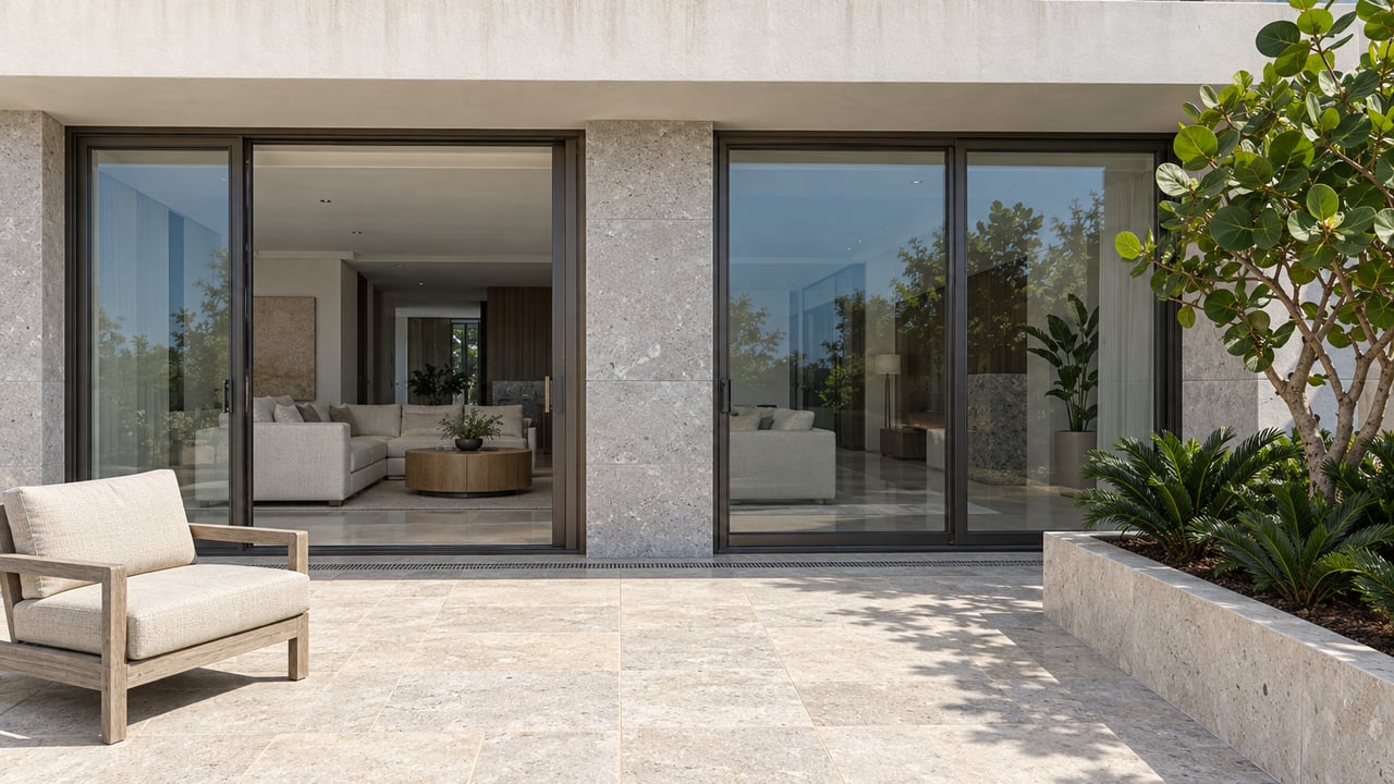 Sunlit condominium terrace with pale limestone paving, dark-framed glass doors and a raised sea grape planting bed.