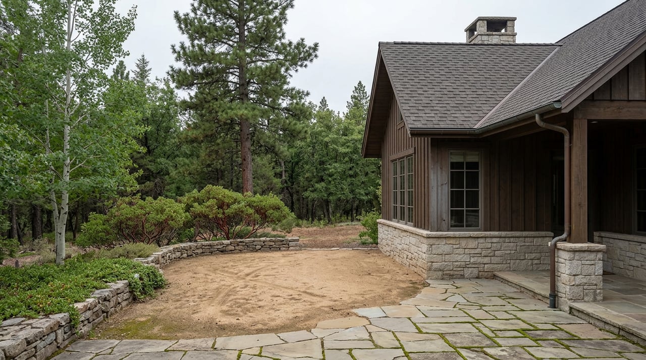 Stone-and-timber house beside a forest, with a flagstone terrace, gravel clearing, and low stone wall.