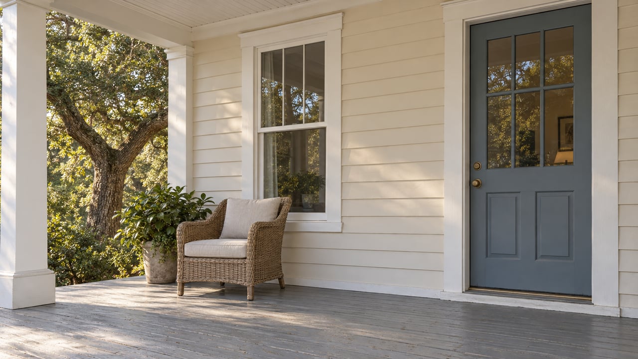 Covered front porch with ivory siding, a blue-gray glazed front door, tall window, woven chair and a mature live oak beside the house.
