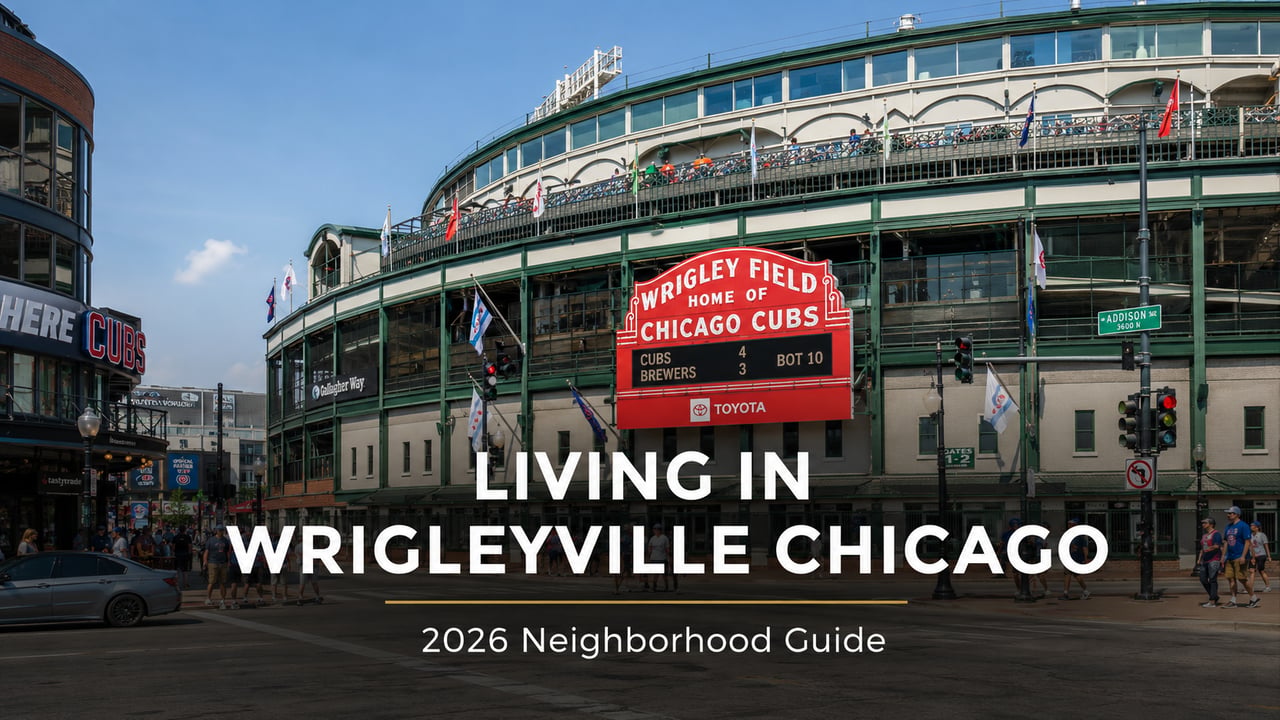 Wrigley Field marquee and Clark Street in Wrigleyville Chicago on a sunny day