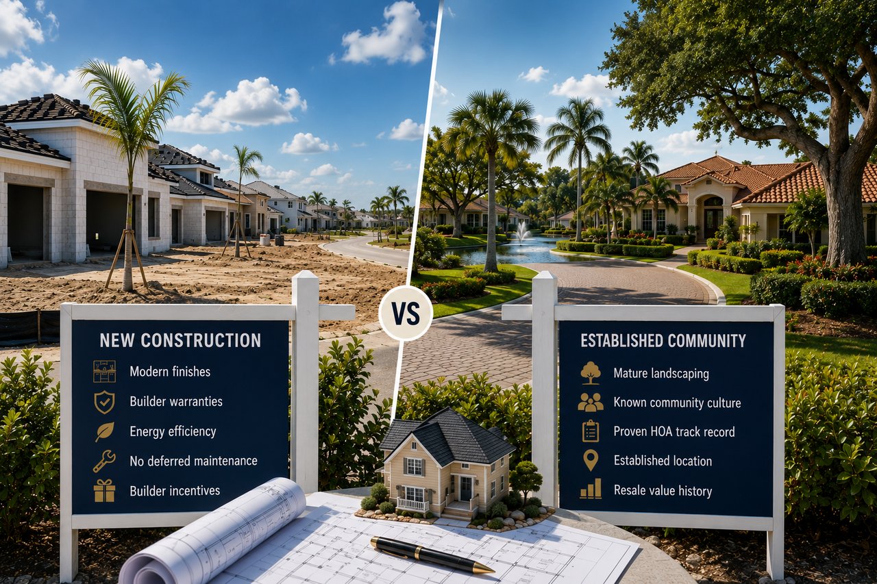 Side-by-side comparison of a new construction neighborhood and an established Southwest Florida community with mature landscaping, illustrating the differences between buying a newly built home and a resale home in Fort Myers, Naples, Estero, and Bonita Springs.