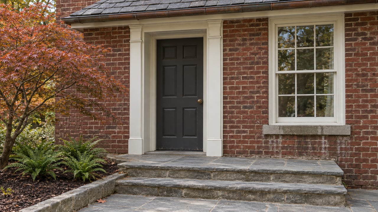 Brick home entrance with a slate porch roof, charcoal door, white sash window and worn stone steps beside a russet Japanese maple.