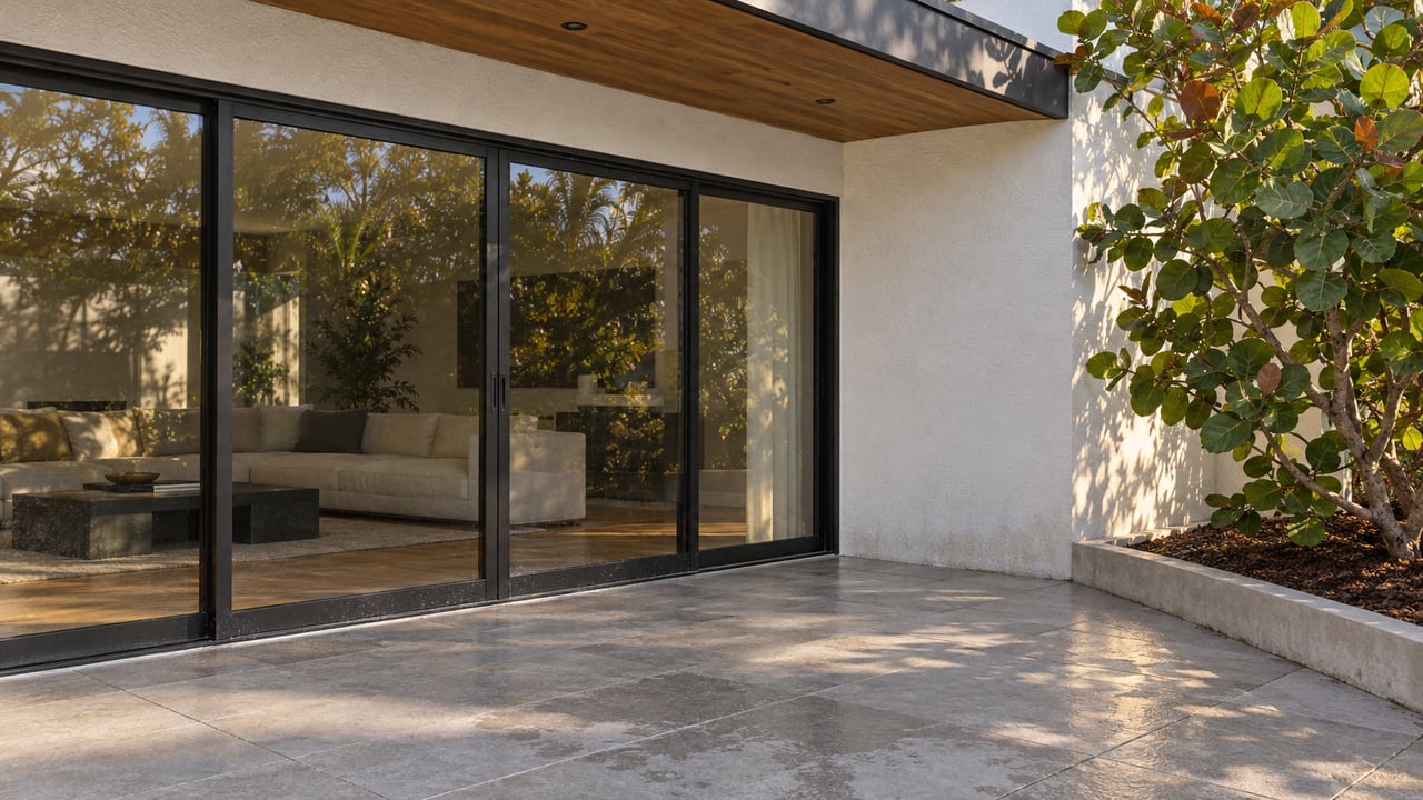 Modern home's shaded terrace with closed black-framed glass doors, timber soffit, pale paving and a sculptural sea grape tree.