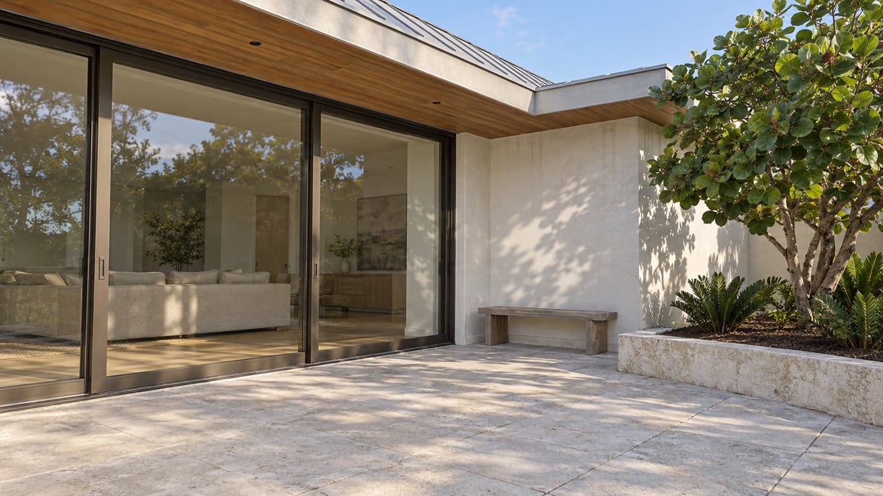 Morning light on a stucco home's limestone terrace, shaded sliding glass doors and a raised bed with a sea grape tree and coontie plants.