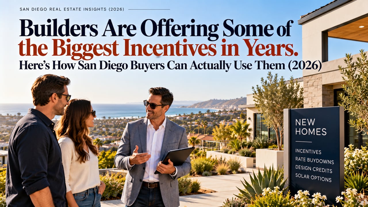 San Diego buyers discuss new-home incentives outside a modern coastal home.