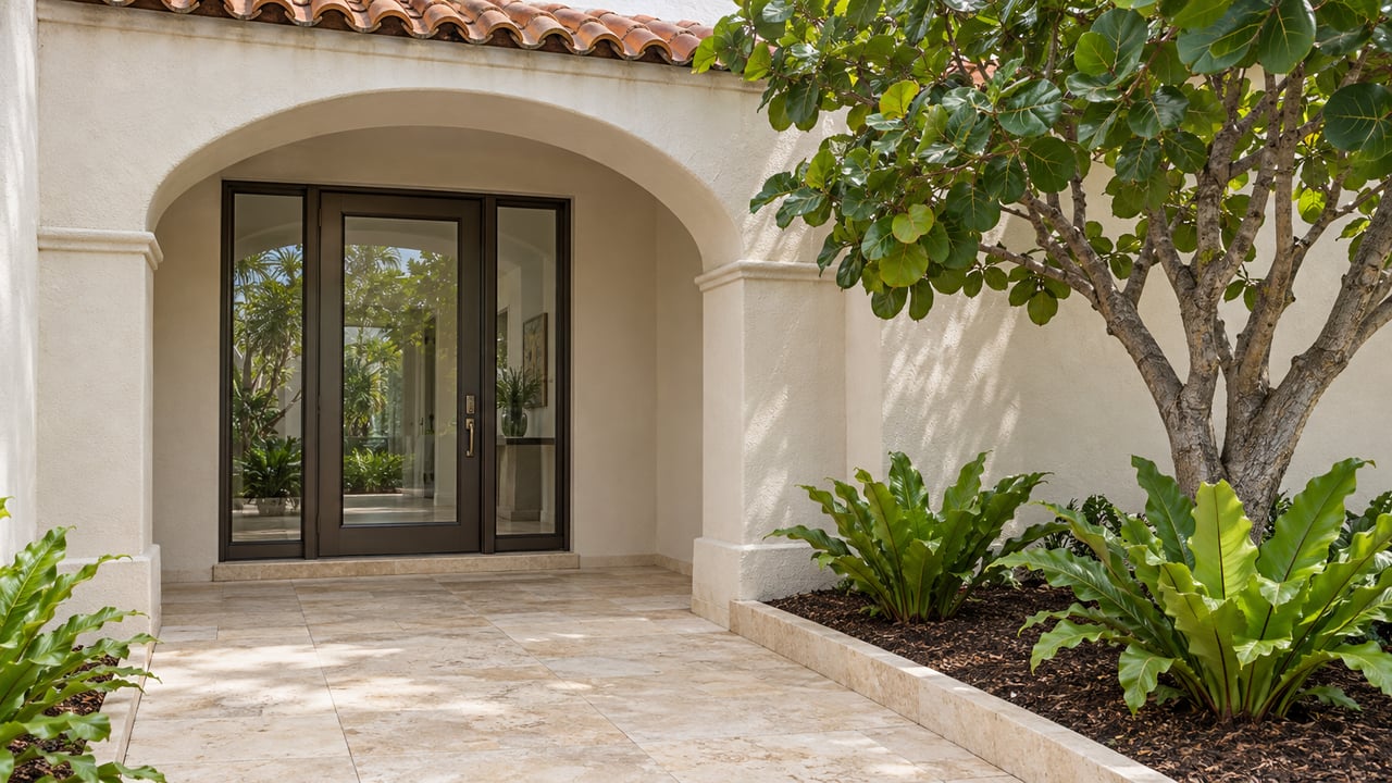 Recessed arched entry of a white stucco home, with bronze-framed glass doors, clay roof tiles, limestone paving and a sculptural sea grape tree.