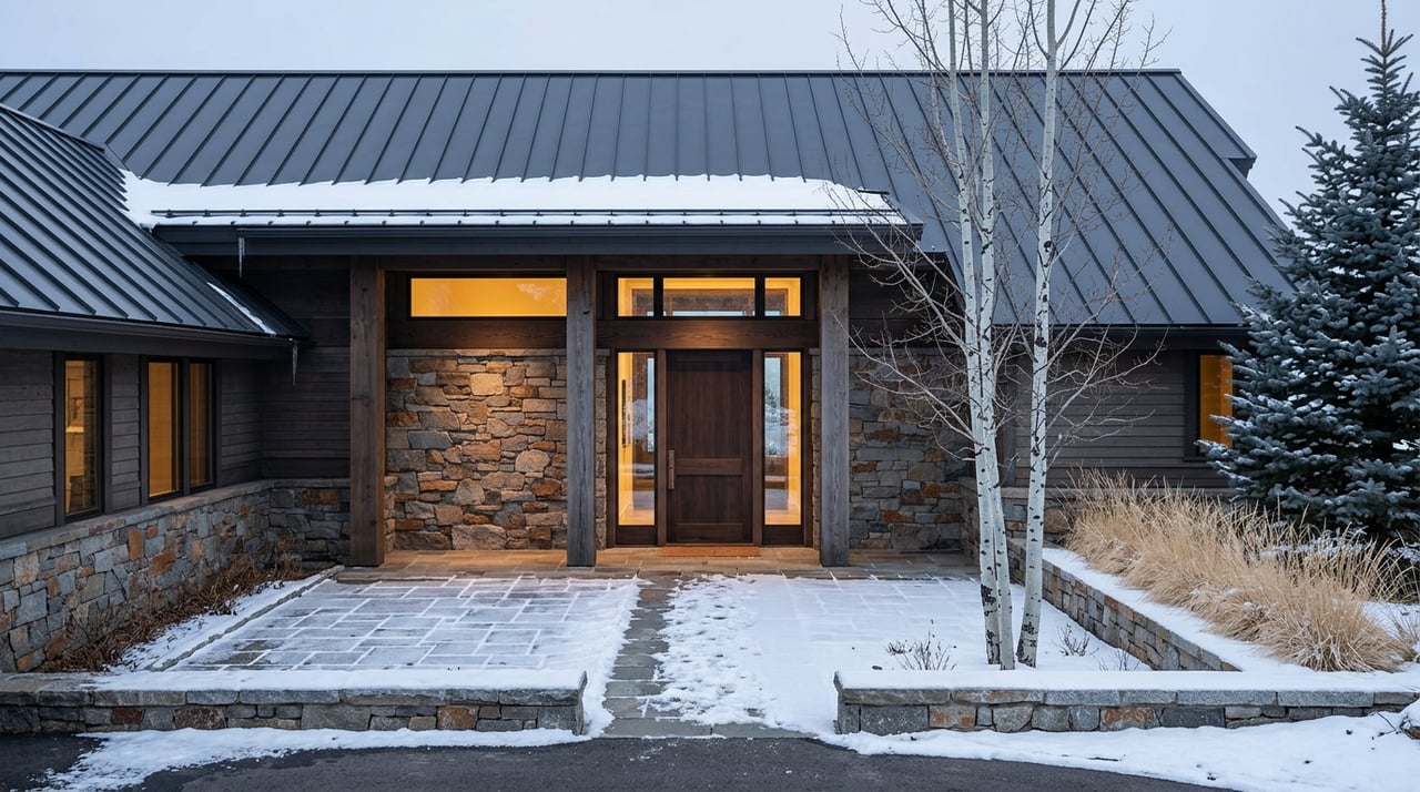 Snow-dusted stone entry court leads to a timber-and-stone home glowing warmly through tall glass.