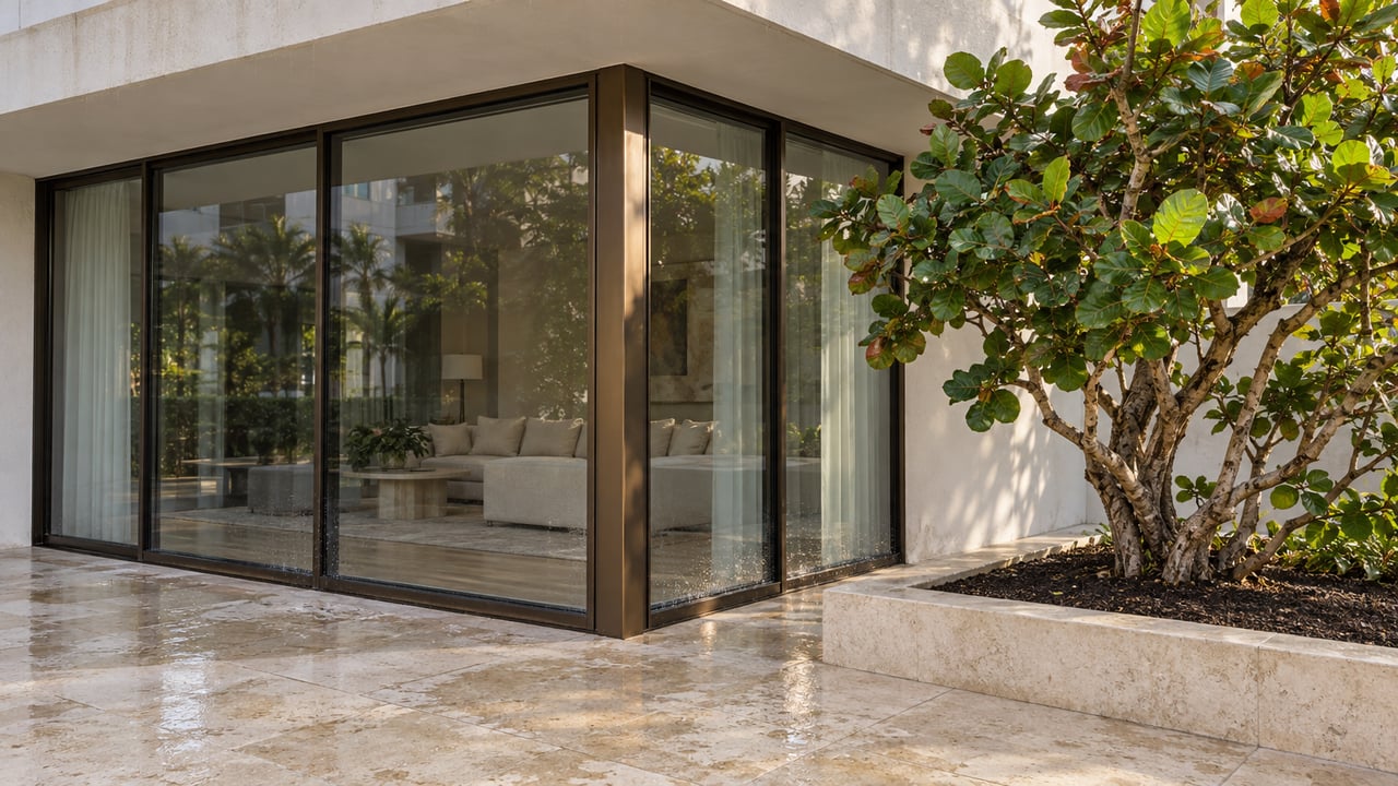 Bronze-framed condominium glazing beneath a white concrete soffit, beside a sea-grape tree in a raised limestone planting bed.