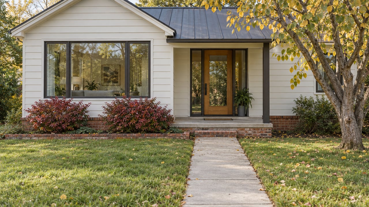Renovated house with off-white siding, brick foundation, front lawn, and a red-leaved shrub beneath a yellowing tree.