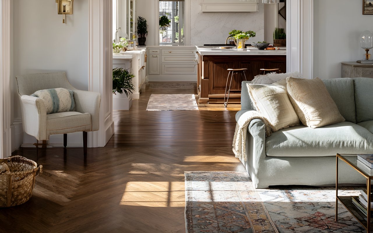 Open-plan living room with a pale green sofa, cream armchair, and sunlit kitchen beyond.