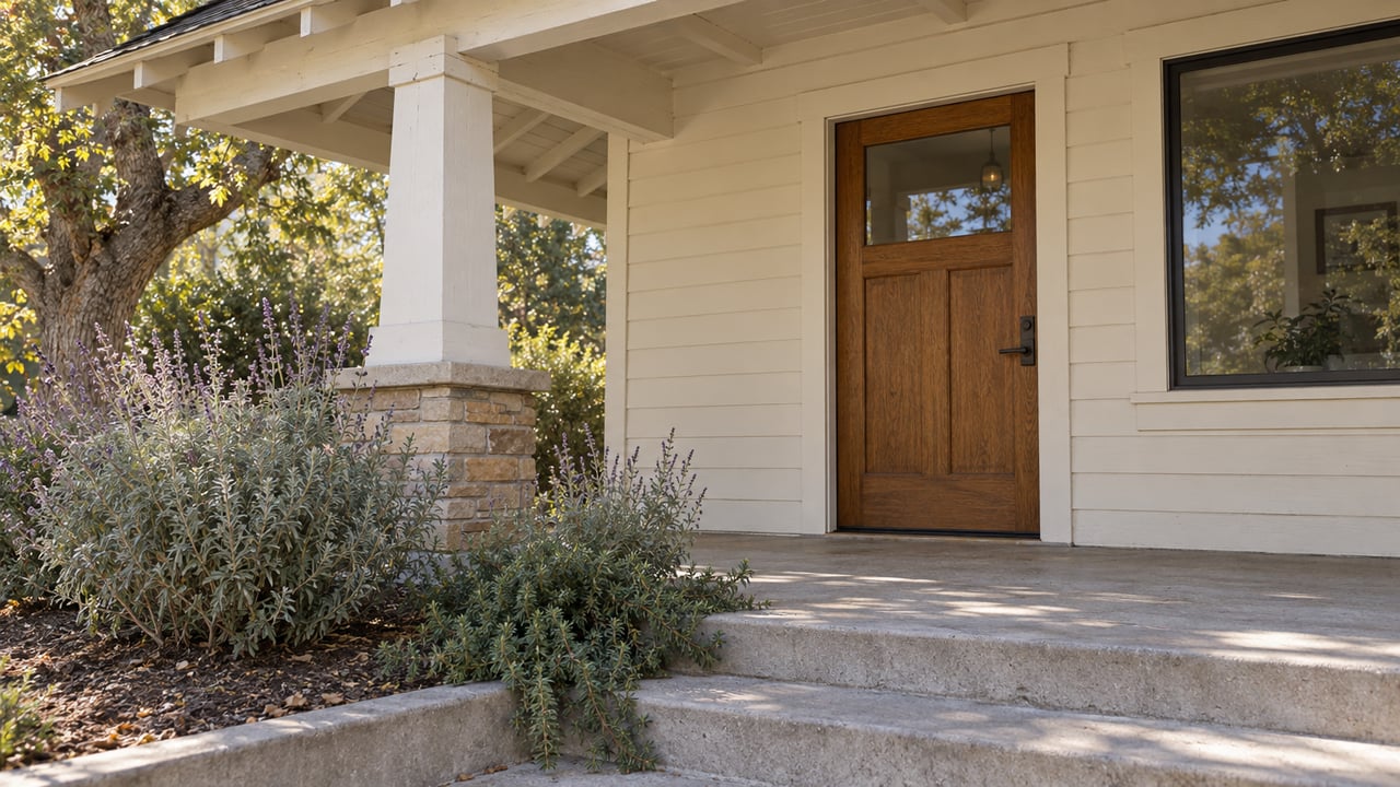 Sunlit covered porch with ivory horizontal siding, an oak entry door, sandstone post base and sage planting beside concrete steps.