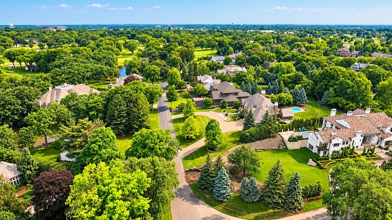 Aerial view of luxury homes in Edina’s Rolling Green neighborhood, featuring landscaped properties, winding residential streets, and mature trees