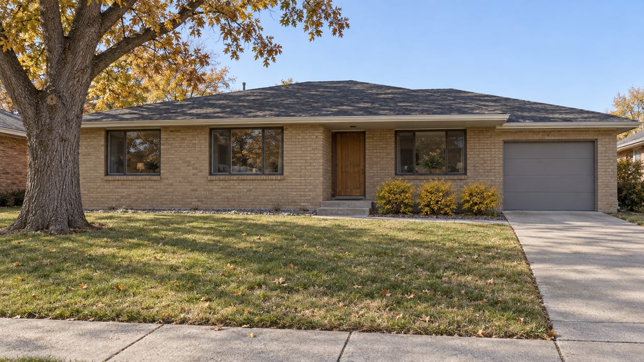 Updated buff-brick ranch with dark-framed windows, a deep front lawn and an oak turning gold in autumn sunlight.