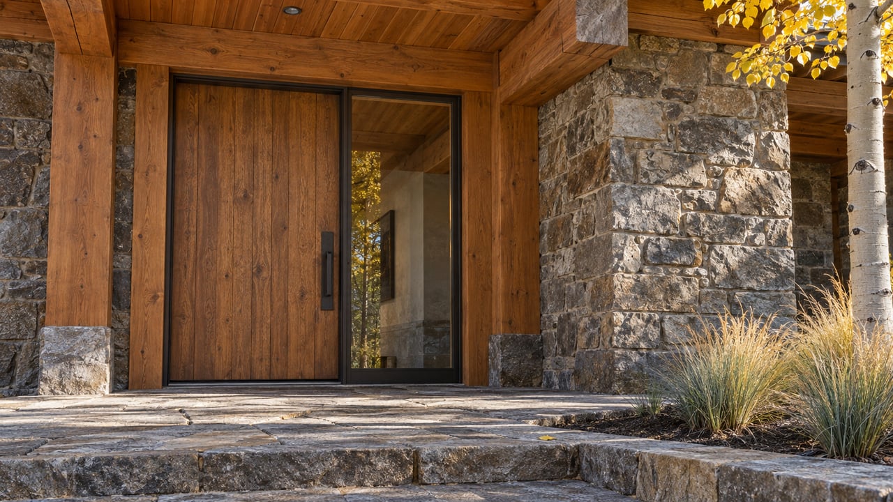 Autumn morning light grazes a timber home's oak entry door, tall glazed sidelight, and rough quartzite pier above a stone approach.