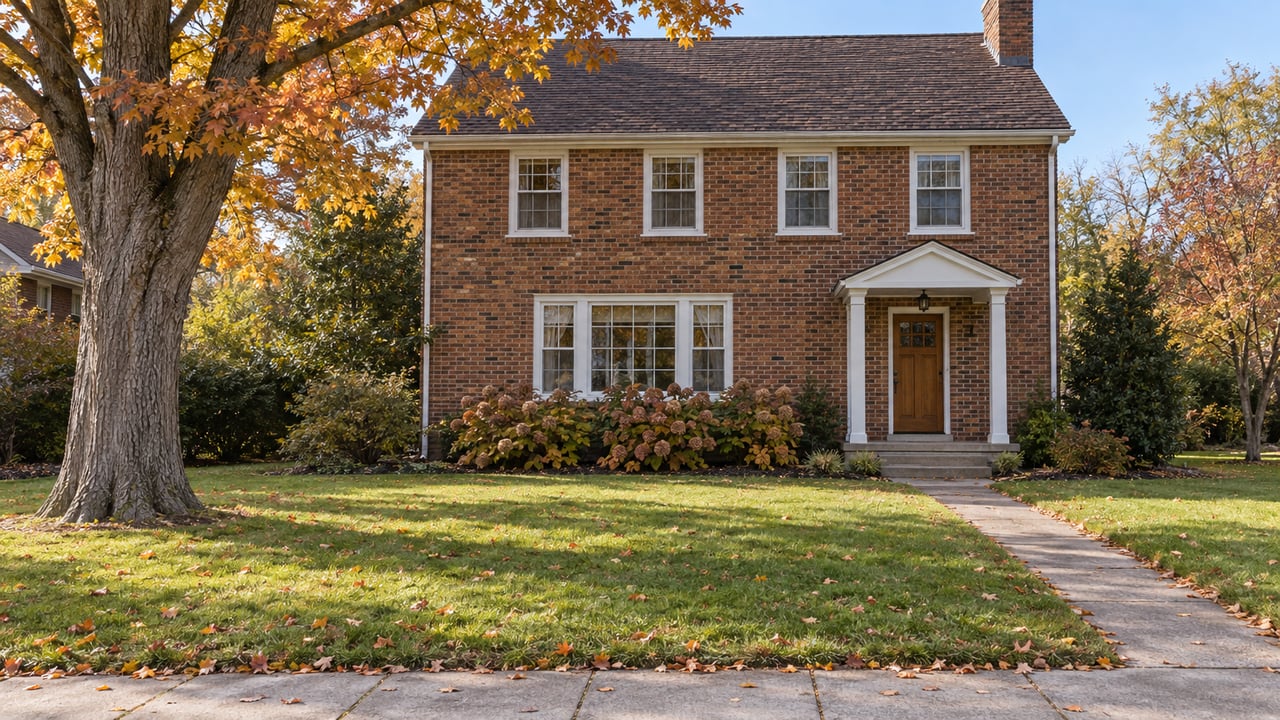 Older two-story brick home behind a deep front lawn, with white sash windows, a covered oak entry and a mature maple in autumn color.