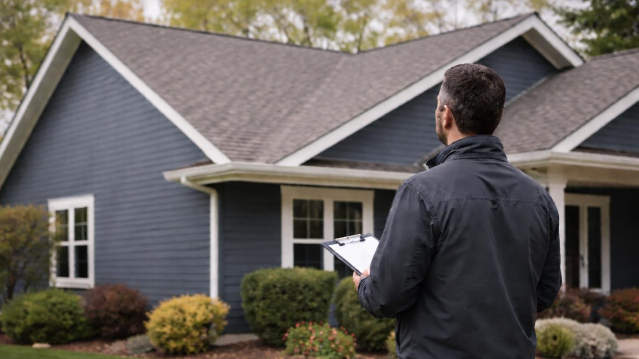 A man with a clipboard examines the roof of a blue-sided house.