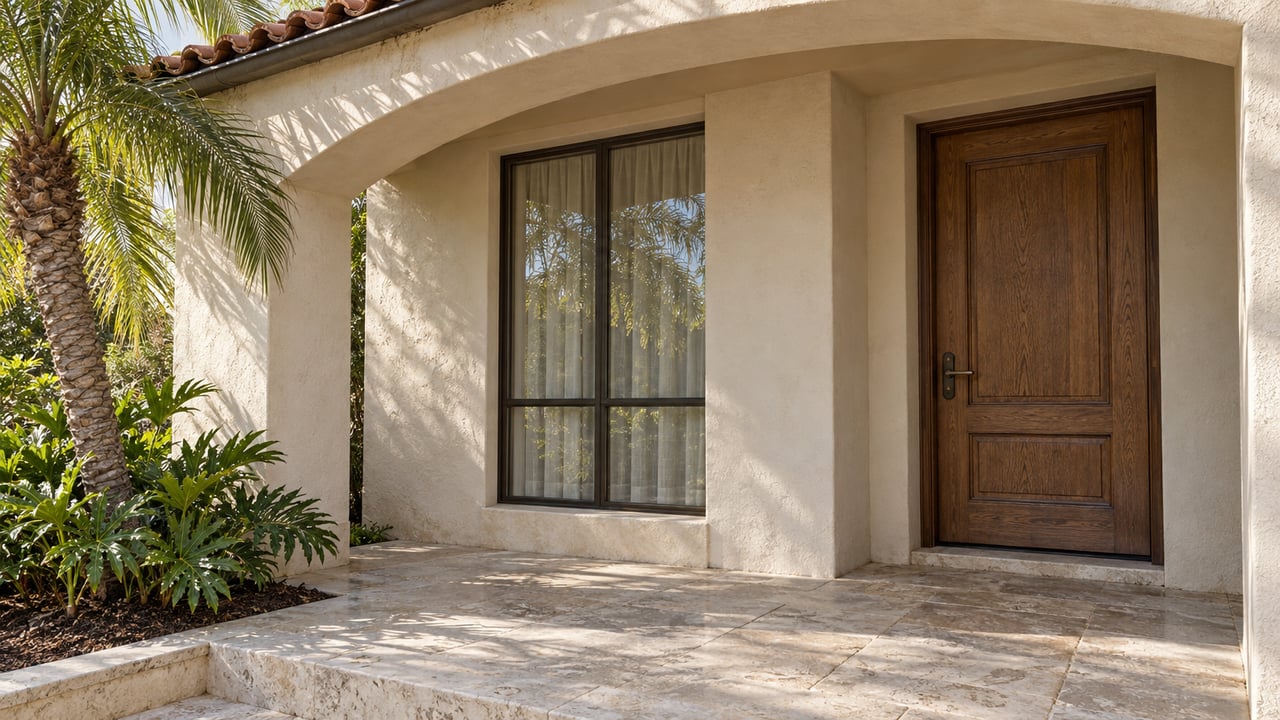 Sunlit cream-stucco porch with an oak entry door, bronze-framed window, limestone paving and a curved palm beside the steps.