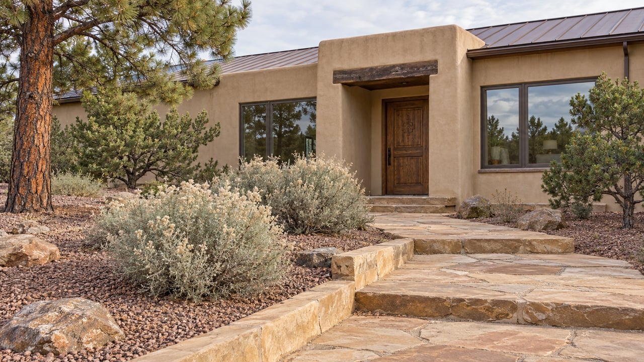 Buff stucco home with a carved timber entrance, sandstone approach, and mature pine trees in an open gravel garden.