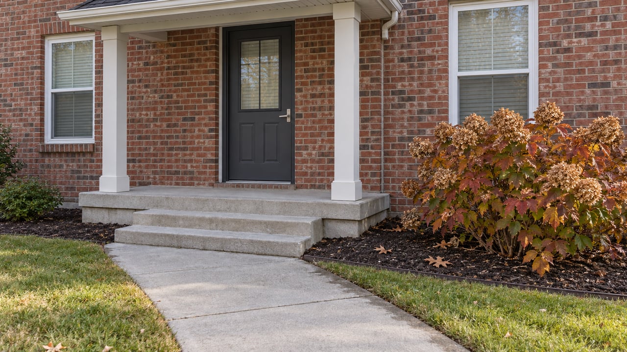 Autumn daylight on a brick home's covered entrance, concrete steps and oakleaf hydrangea beside the front lawn.