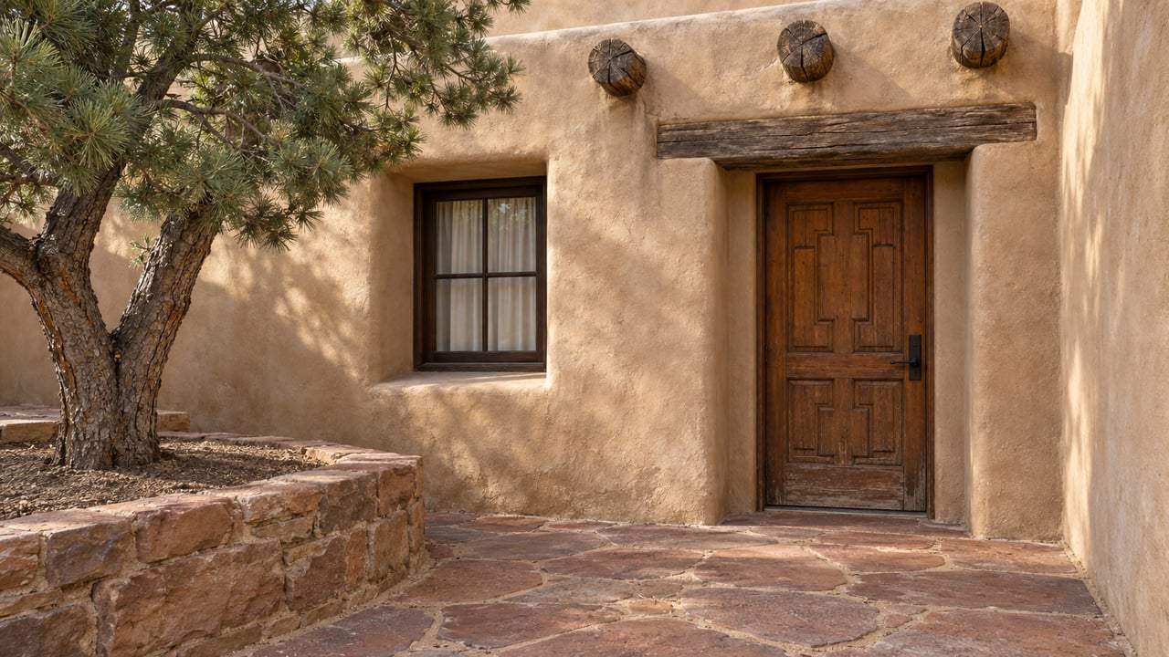 Warm earthen entry facade with a carved wood door, inset window, worn sandstone paving and a single sculptural pinyon pine.