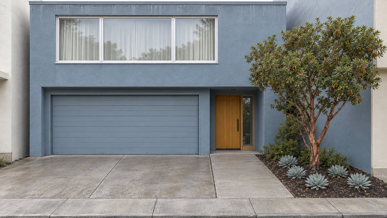 Muted blue two-story stucco home with a timber garage door, sheltered entrance and a small planted front court in cool overcast light.