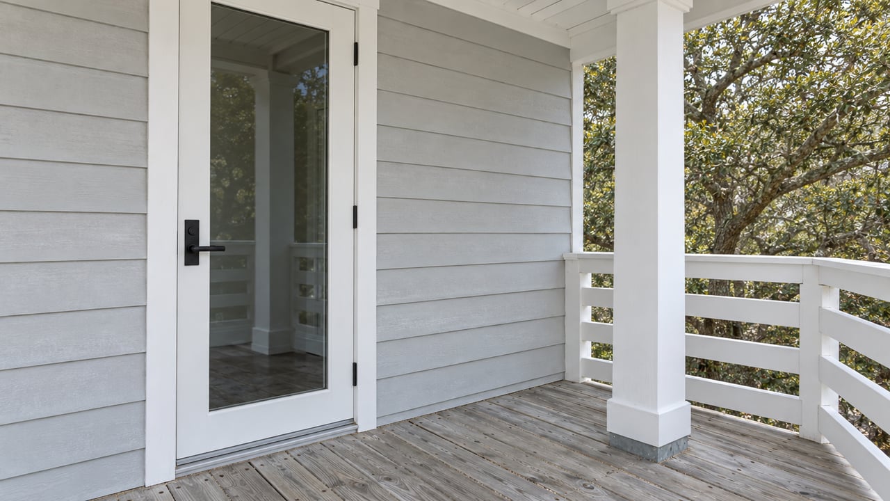 A pale-gray raised home's shaded porch entrance with a closed glass door, silvered timber decking and white horizontal porch rails.