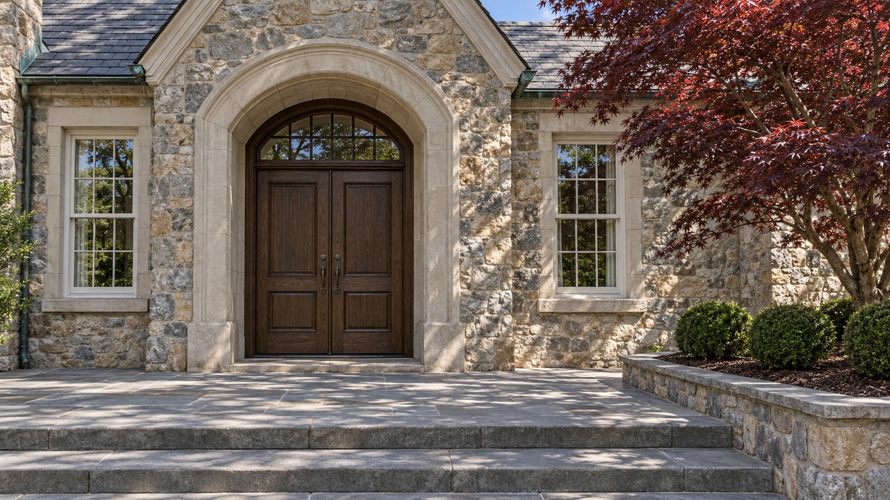 Stone manor entrance with paired oak doors, arched transom, divided-pane windows, bluestone steps, and a burgundy Japanese maple.
